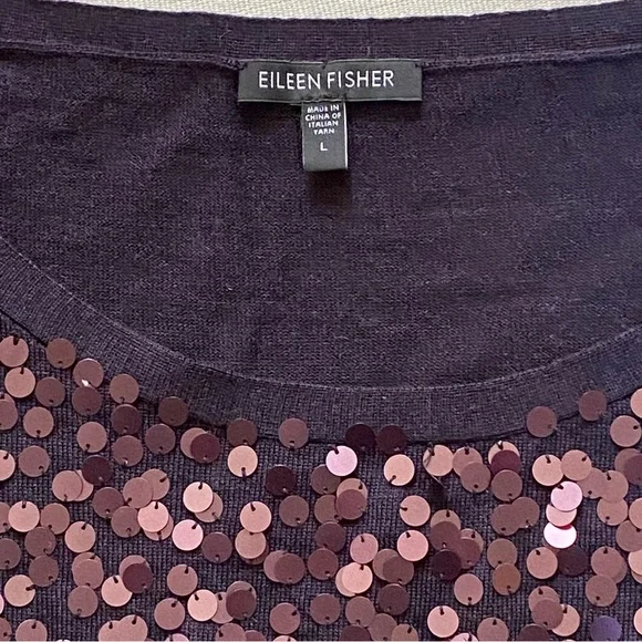 EILEEN FISHER 100% BLACK MERINO WOOL & PURPLE SEQUIN TOP SIZE LARGE - Picture 6 of 16